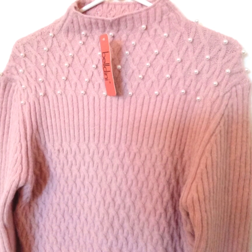 Belldini Lattice Cableknit Mock Neck Sweater with Pearl Embellishment